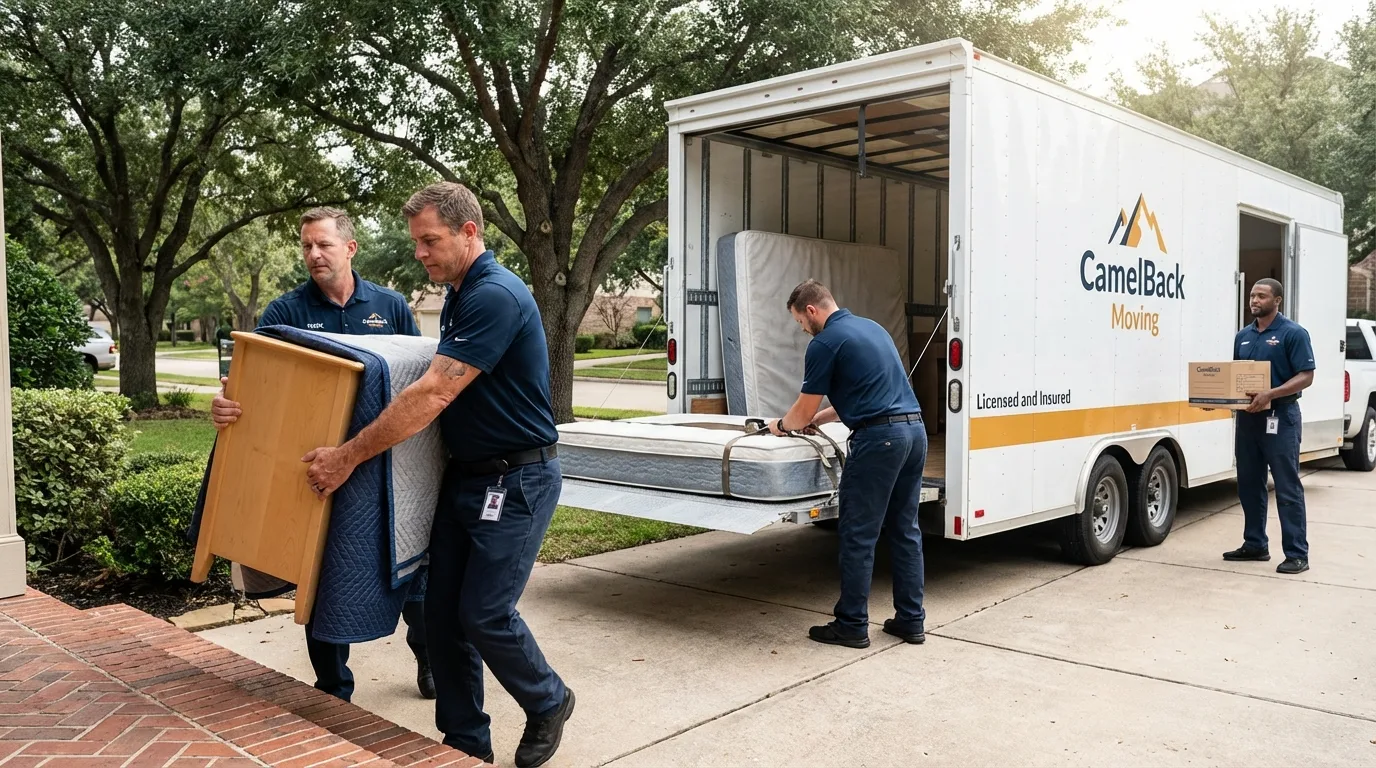 Crew loading residential truck for cross-state move from Ponder, TX