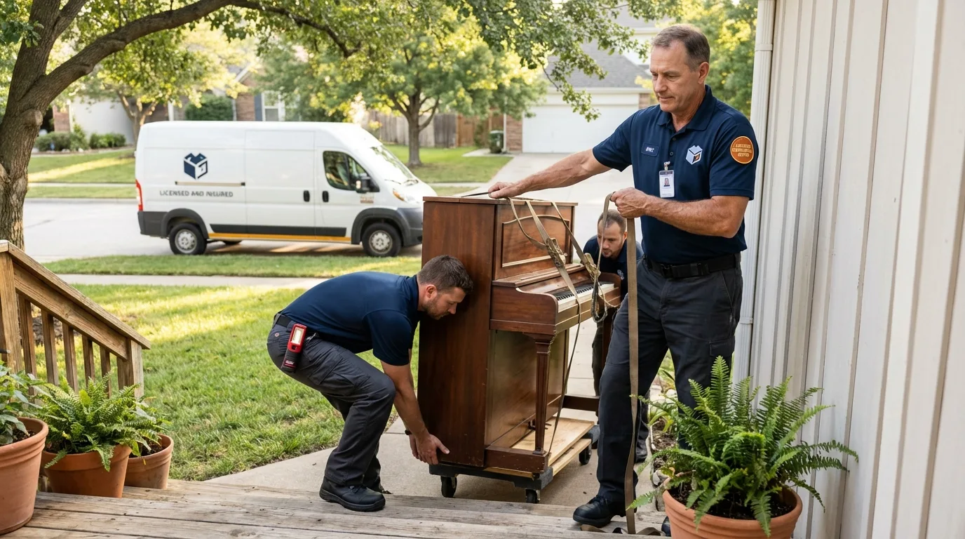 Licensed piano movers securing grand piano in Ponder, TX