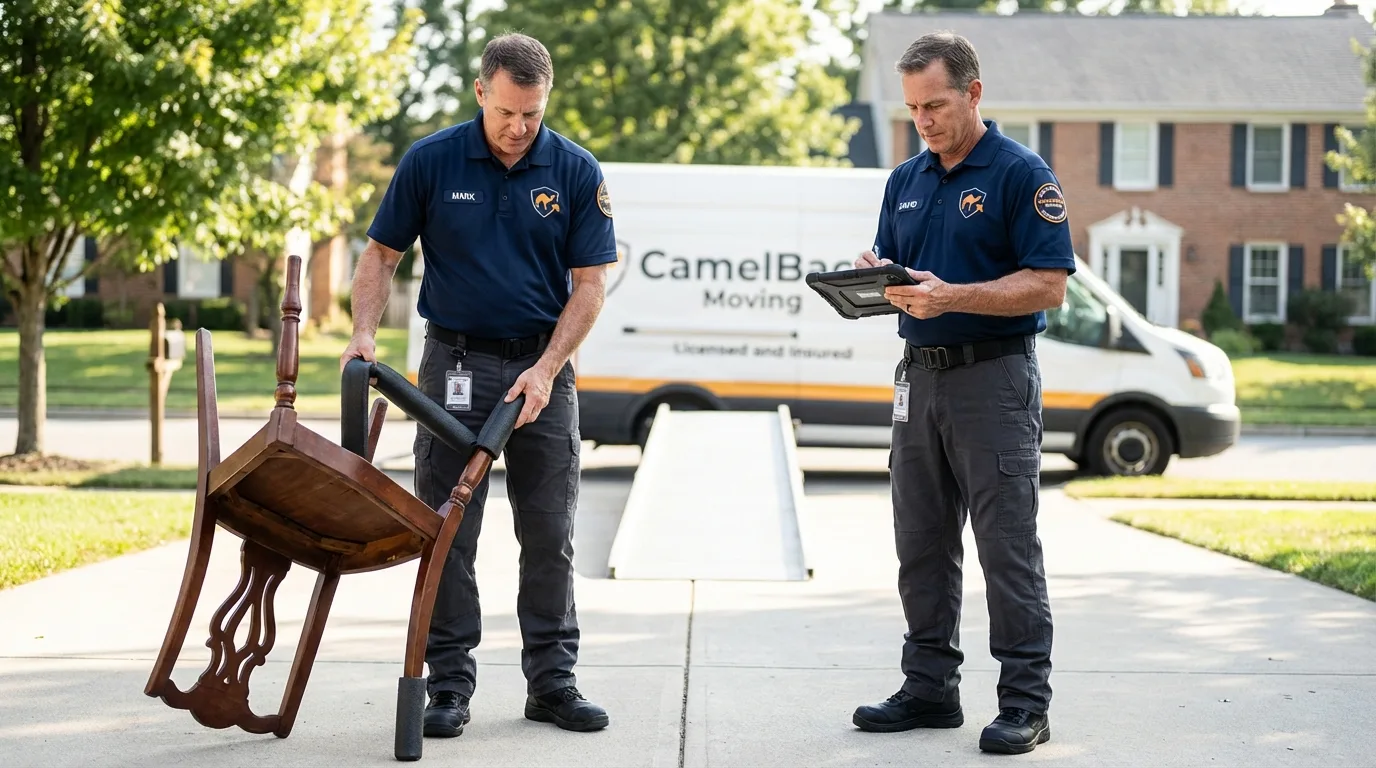 Movers inspecting furniture for damage prevention before loading in Ponder, TX