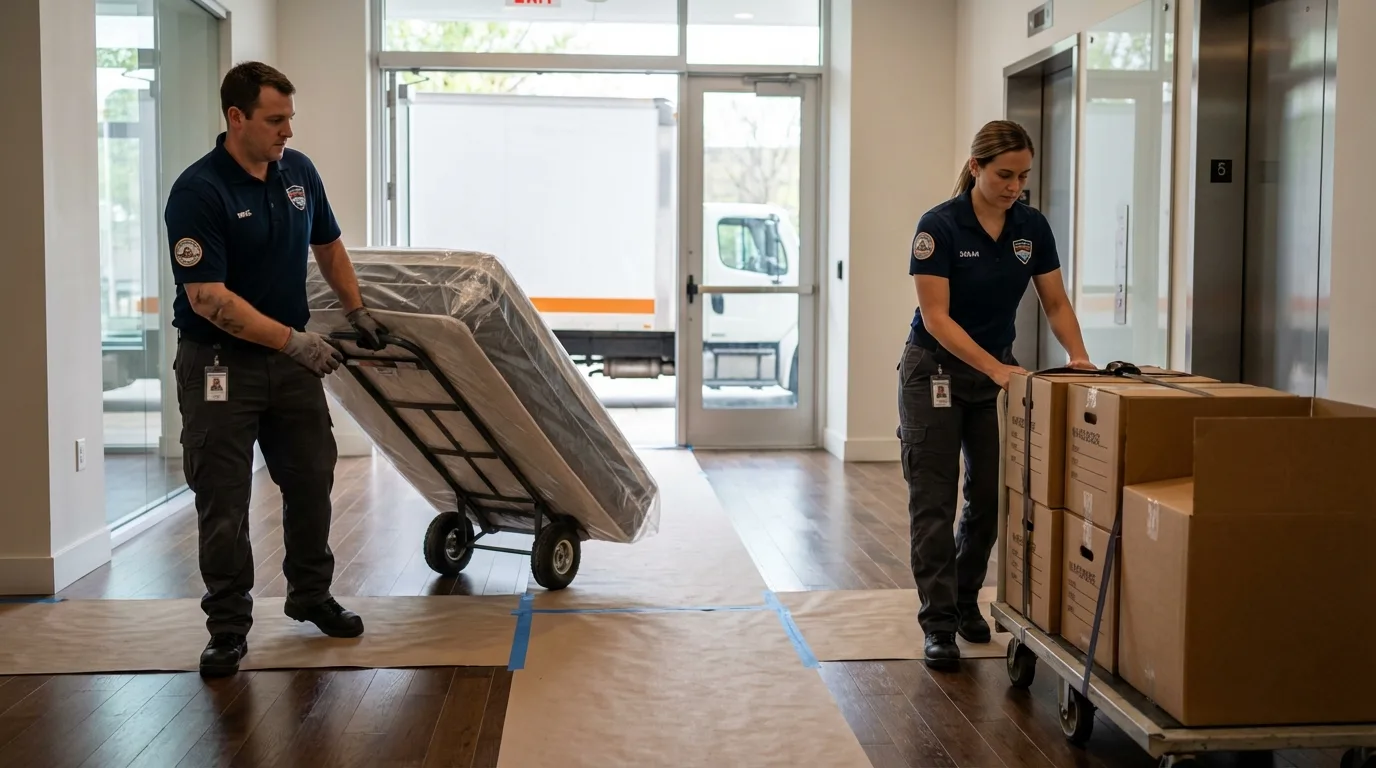 Professional apartment movers loading elevator in Ponder, TX