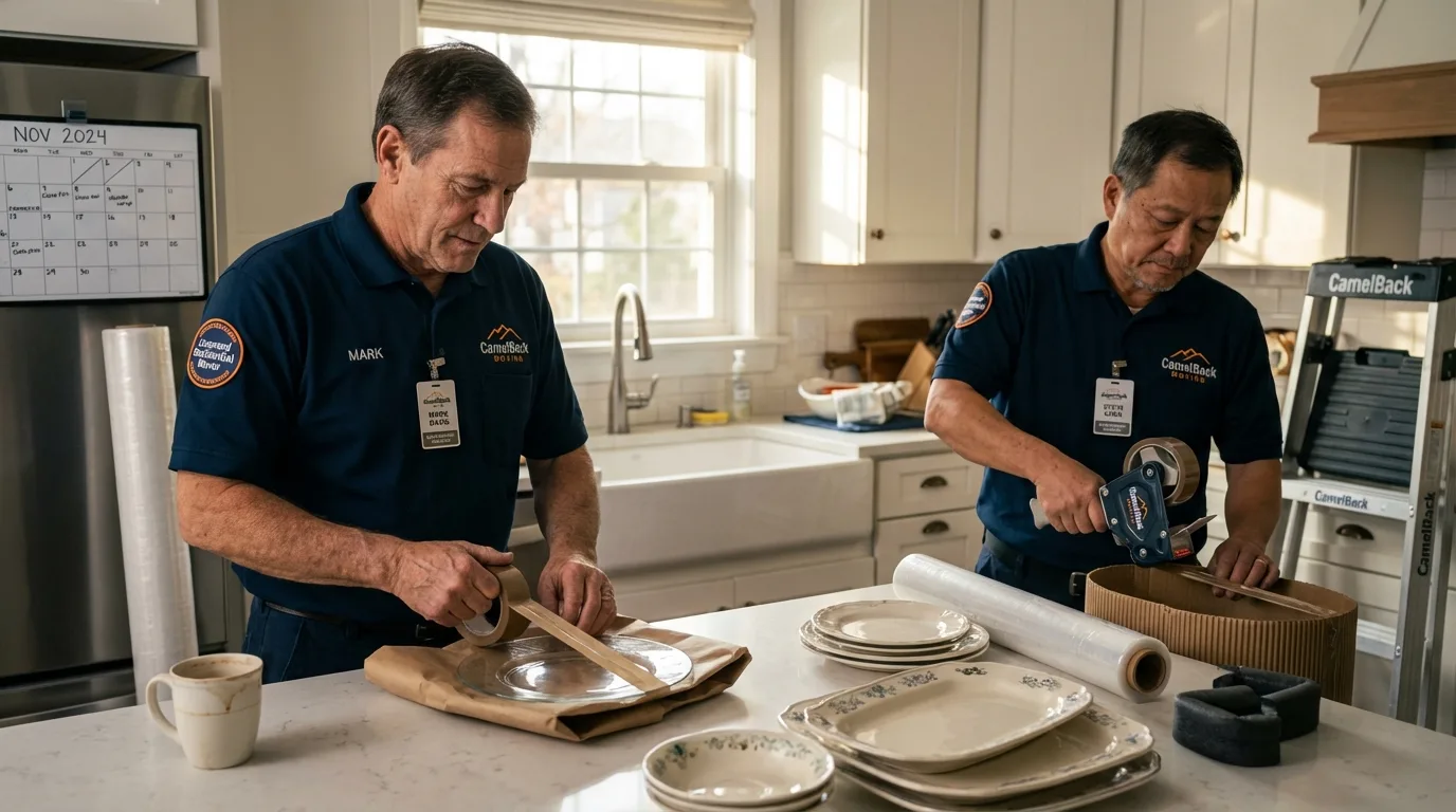 Professional crew packing kitchen dishware in Ponder, TX